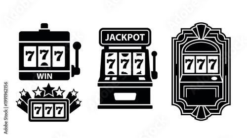 Set of black and white slot machine icons with lucky number seven on white background, concept for casino gambling promotion, mobile gaming interface and online betting app design