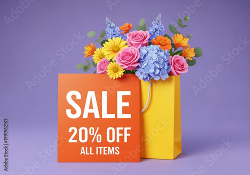 Discount sale shopping bag with colorful flowers