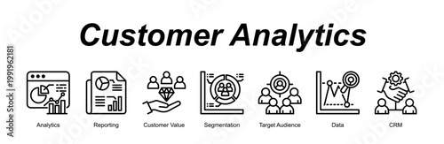 Customer Analytics banner web icon vector illustration concept with an icon of Analytics, Reporting, Customer Value, Segmentation, Target Audience, Data, CRM 