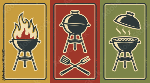 Set of three retro barbecue grill illustrations with flames and tools on colorful vintage backgrounds, concept for restaurant menu, backyard party flyer and summer cookout poster