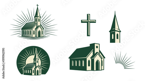 Vintage church building illustrations and religious symbols including crosses and sunburst icons in retro woodcut style, concept for religious branding, parish identity and spiritual graphic design