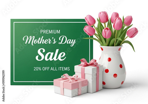 Mother's Day sale advertisement with pink tulips and gifts