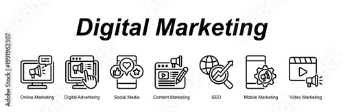 Digital Marketing banner web icon vector illustration concept with an icon of Online Marketing, Digital Advertising, Social Media, Content Marketing, SEO, Mobile Marketing, Video Marketing 