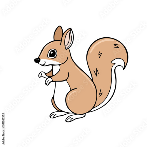 Cute cartoon squirrel with bushy tail standing and looking alertly in profile