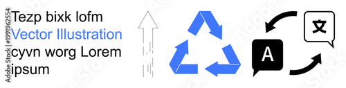 Sustainability, recycling, multilingual communication, environmental conservation, global interaction, language. Blue recycle symbol and speech bubbles with arrows. Recycling and multilingual