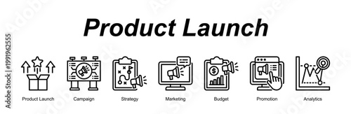 Product Launch banner web icon vector illustration concept with an icon of Product Launch, Campaign, Strategy, Marketing, Budget, Promotion, Analytics 