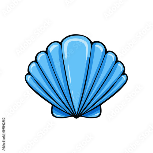Illustration of a bright blue scallop seashell against a white background