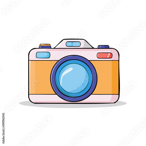Retro style cartoon camera with a large blue lens and orange body