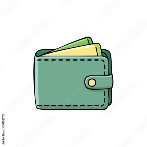 Green cartoon wallet with cash and cards sticking out illustration