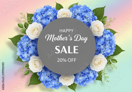 Mother's Day sale banner with blue hydrangeas and white roses on pastel background
