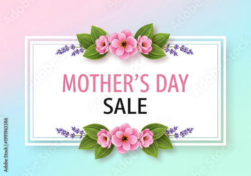 Mother's Day sale sign with pink flowers and leaves on pastel background