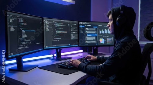 Hooded Programmer Coding On Multiple Monitors At Night.