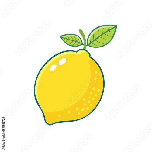 Bright Yellow Lemon with Green Leaves and Stem Simple Flat Illustration