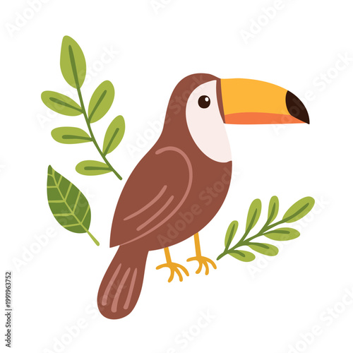 Stylized toucan bird illustration with large colorful beak and tropical leaves