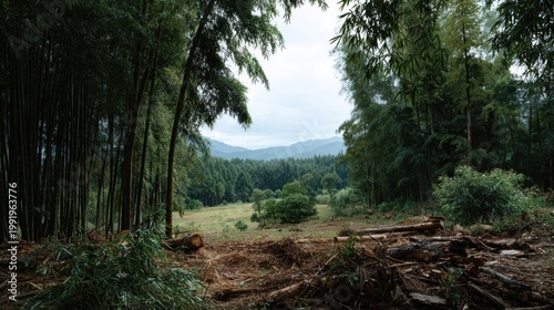 Serene Bamboo Forest Overlooking Lush Green Valley Landscape