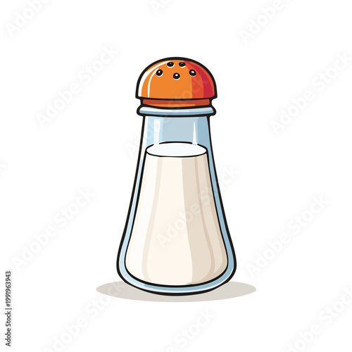 Glass salt shaker with orange top filled with white seasoning for food preparation and cooking