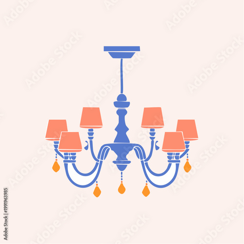 Illustration of a blue and coral chandelier with drop ornaments