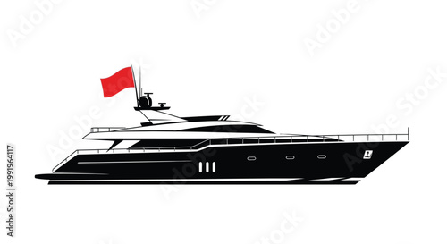 Stylized black and white illustration of a luxury yacht at sea