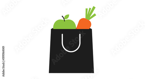 A black shopping bag filled with a green apple carrot and onion
