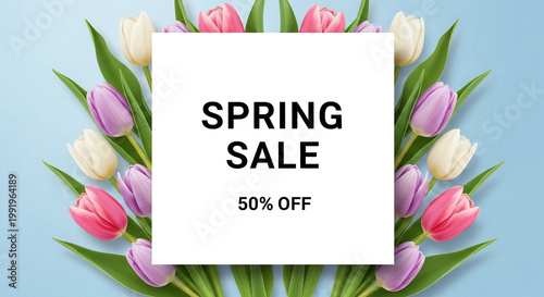 Spring sale advertisement with colorful tulips and 50% off discount