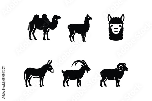 Farm and Desert Animal Silhouette Black Icons Set - Camel Llama Alpaca and Livestock Vector Icon Collection
