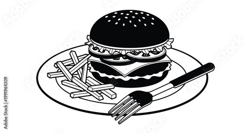 A black and white illustration of a burger with fries and cutlery