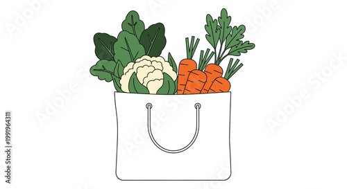 Fresh vegetables including cauliflower spinach carrots and herbs in a bag