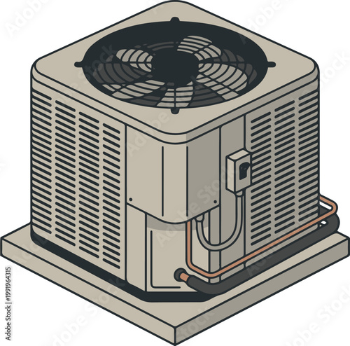 Vector illustration of an outdoor air conditioning condenser unit with cooling fan and visible piping, representing HVAC cooling equipment.