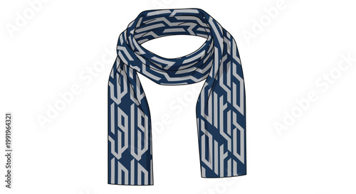 A blue and gray geometric patterned scarf is displayed on a white background