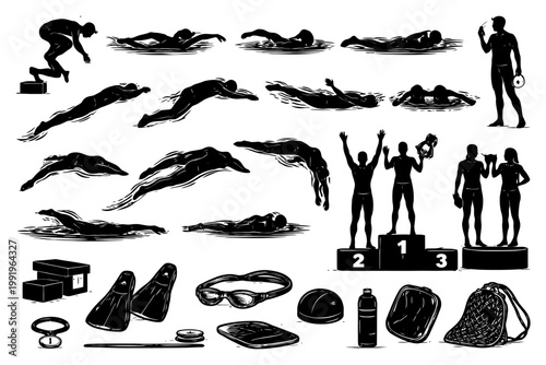 Silhouettes of swimming athletes and gear illustrations.