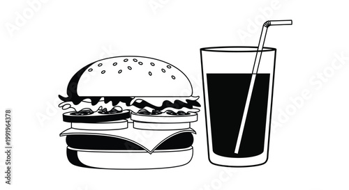 A simple black and white illustration of a burger and a glass of soda