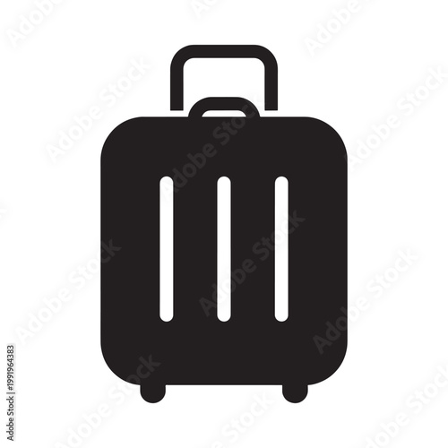 A simple black silhouette depiction of a wheeled suitcase travel ready
