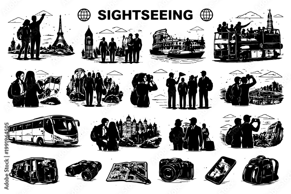 Fototapeta premium Black and white sightseeing illustrations of iconic landmarks and activities.