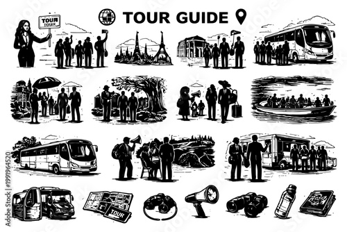 Tour guide elements: diverse groups and activities in travel illustrations.
