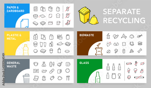 Ready sets of icons for separating and recycling trash. Vector elements are made with high contrast, well suited to different scales and on different media. Ready for use in your design. EPS10.