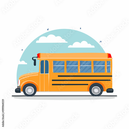 Yellow school bus illustration with clouds and sky