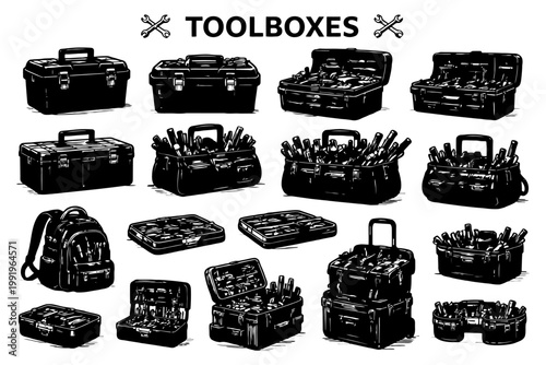 Various toolboxes and toolkits collection in black and white.