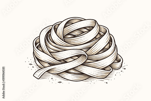 Hand Drawn Sketch of Tagliatelle or Fettuccine Pasta Nest, Vintage Line Art Vector Illustration of Italian Egg Noodles, Culinary Ingredient for Cooking Design, Isolated on White Background.