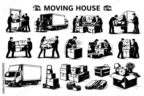 Moving house concept: trucks, boxes, and busy movers in action.