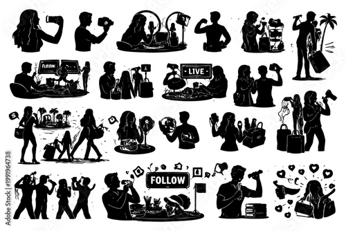 Social media influence and modern lifestyle silhouettes in black and white.