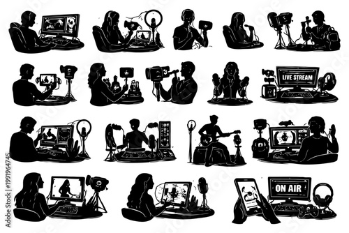 Diverse podcasters and streamers engaged in multimedia content creation.
