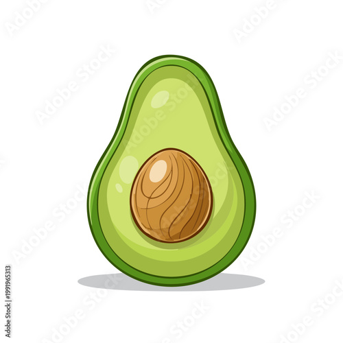 Vibrant halved avocado with smooth pit, presented as a stylized illustration with a clear outline and subtle shading.