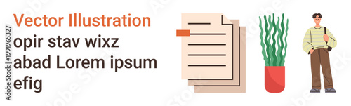 Business tasks, remote work, home office, organization, work-life balance, interior decor. A person stands near paperwork and a potted plant. Business tasks and remote work context