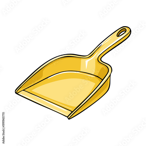Yellow plastic dustpan with handle for cleaning and tidying up home and office spaces