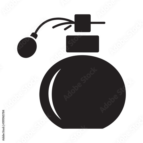 A simple black silhouette depicting a vintage perfume bottle with a spray nozzle
