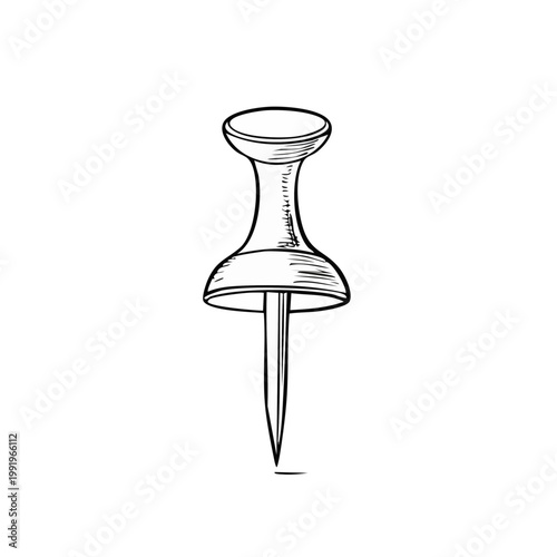 Hand drawn illustration of a single metal pushpin with a classic design on a white background