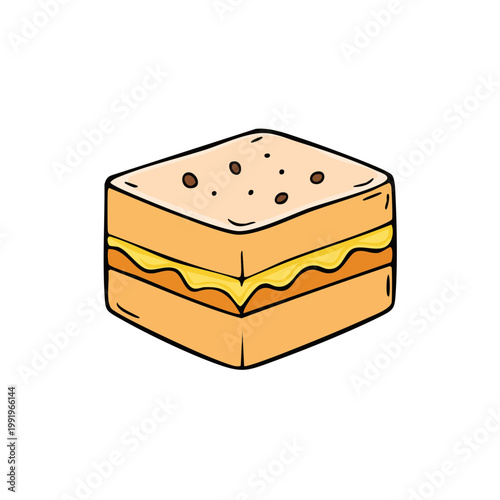 Simple hand drawn illustration of a square sandwich with yellow filling and brown sprinkles