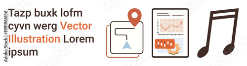 Navigation, data visualization, location tracking, analytics, business tools, music concepts. A map marker, data charts and a music note icon are . Navigation and data visualization concept