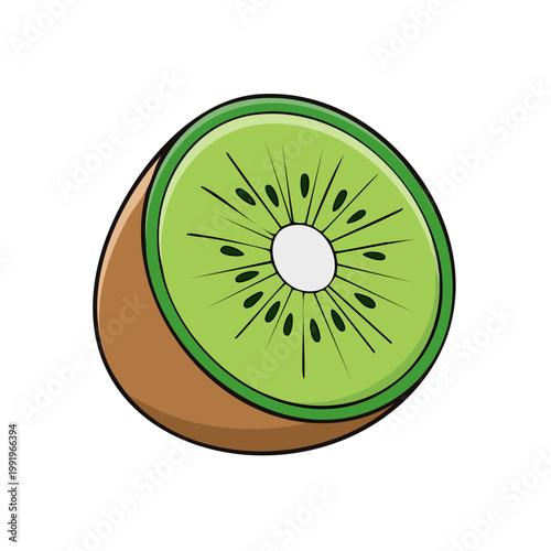 Half of a juicy green kiwi fruit with brown fuzzy skin and black seeds illustration