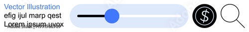 Financial management, app design, user interface, modern search tools, web applications, technology. Slider bar with blue circle, dollar icon magnifying glass symbol. User interface and financial